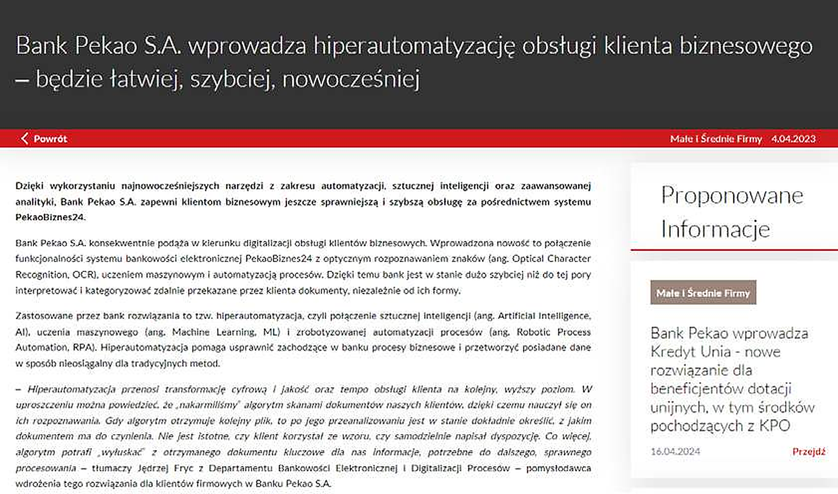 Bank Pekao S.A. wprowadza hiperautomatyzację obsługi klienta biznesowego – będzie łatwiej, szybciej, nowocześniej