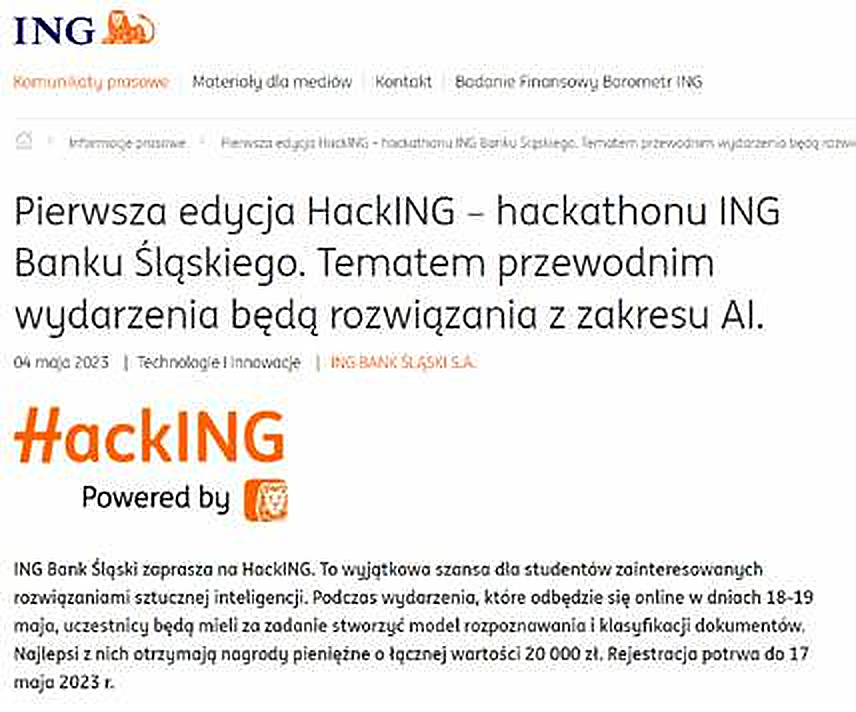 Pierwsza edycja HackING – hackathonu ING Banku Śląskiego. Tematem przewodnim wydarzenia będą rozwiązania z zakresu AI