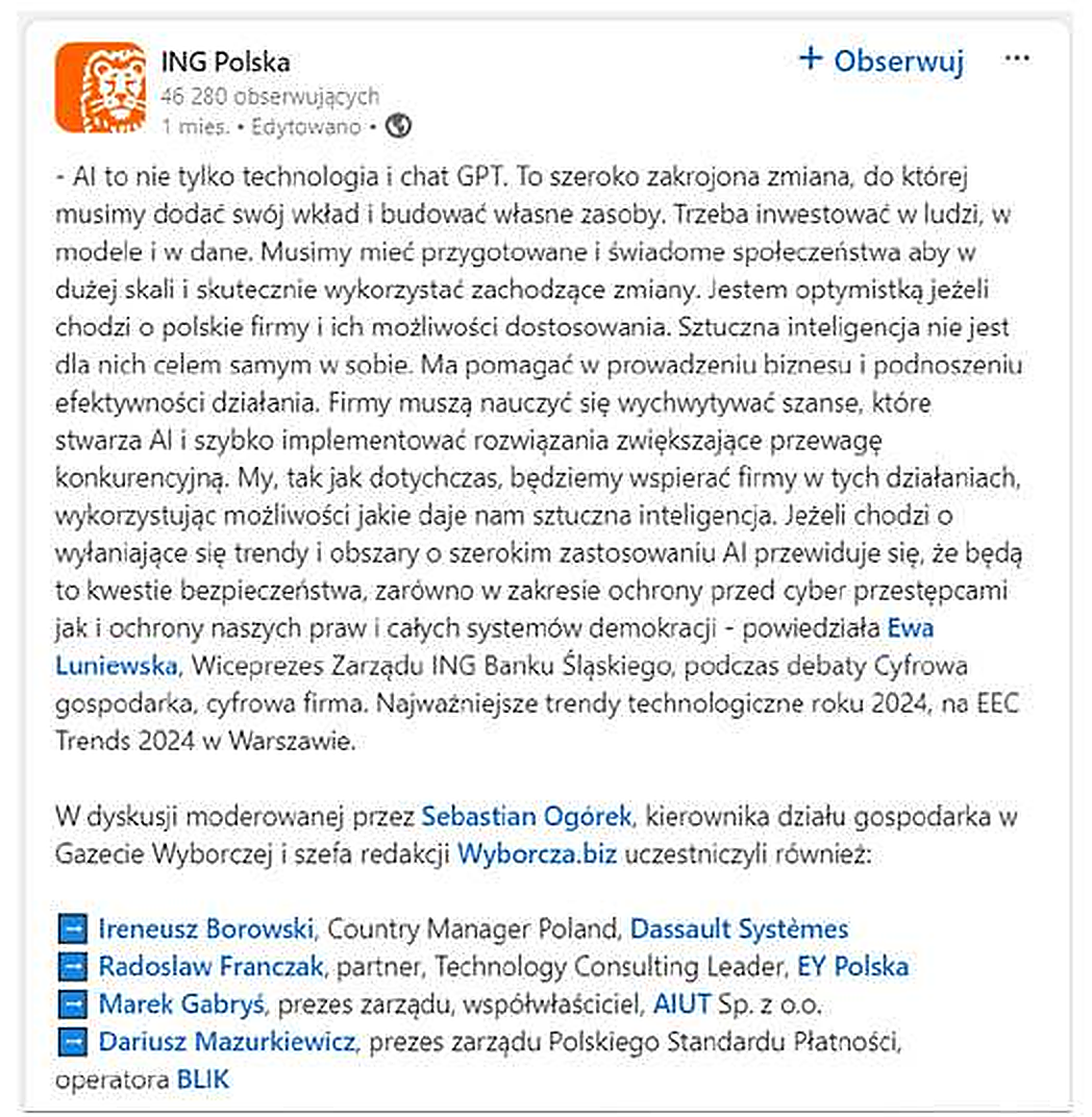ING Polska – publikacja o sztucznej inteligencji i wykorzystaniu narzędzi generatywnych