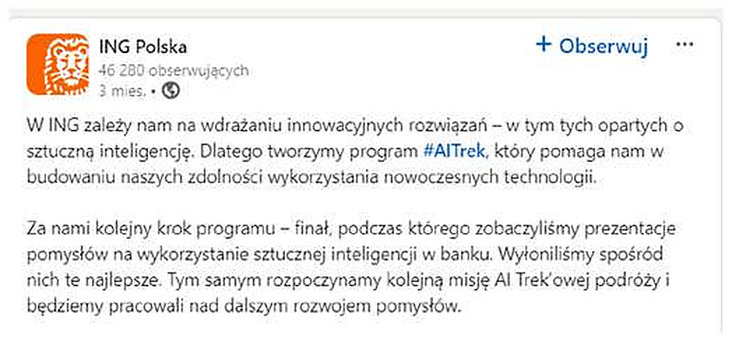 ING Polska – program AI Trek dotyczący innowacyjnych rozwiązań opartych o sztuczną inteligencję