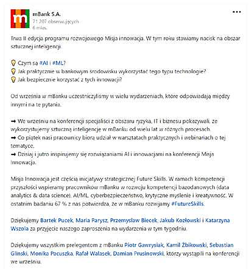 mBank S.A. – publikacja dotycząca rozwoju kompetencji w obszarze sztucznej inteligencji