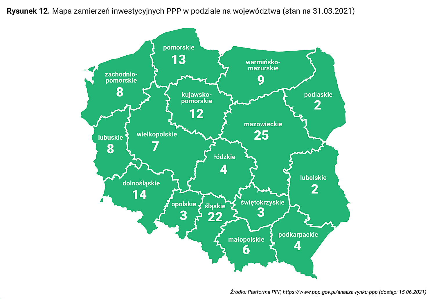 Rysunek 12. Mapa zamierzeń inwestycyjnych PPP w podziale na województwa (stan na 31.03.2021)
