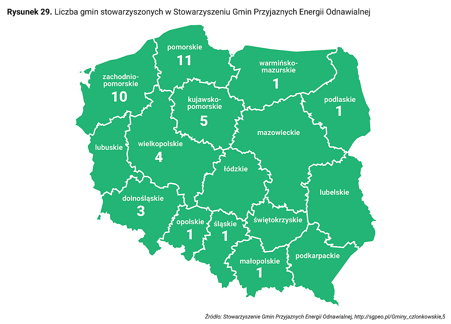 Rysunek 29. Liczba gmin stowarzyszonych w Stowarzyszeniu Gmin Przyjaznych Energii Odnawialnej